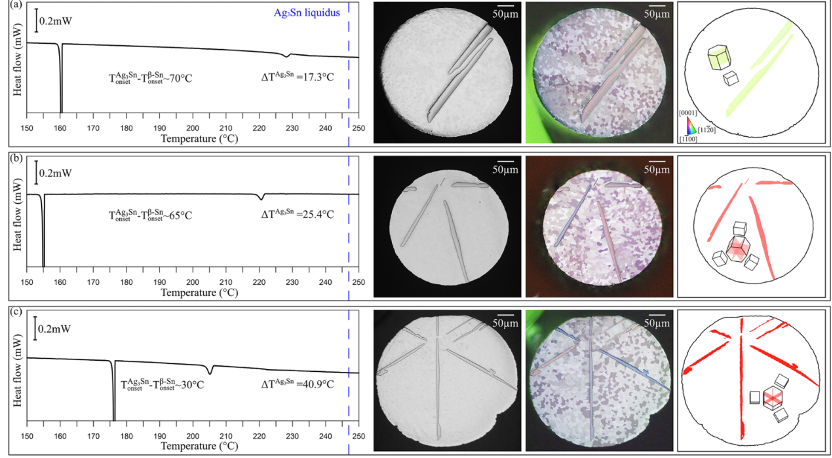 不同SnAg5過(guò)冷溫度的Ag3Sn微觀結(jié)構(gòu)