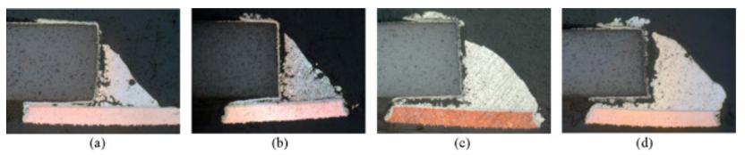 SAC305焊點疲勞失效圖; (a)凹形, (b)直形, (c)微凸形, (d)凸形。