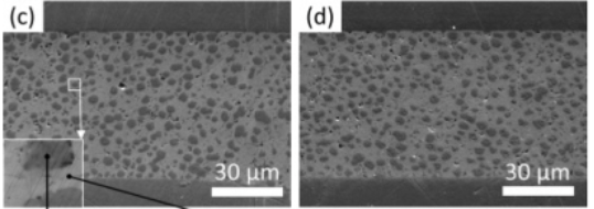 TLPS焊點SEM圖。(c)300℃加熱60s (d)300℃老化200h后 TLPS焊點SEM圖。(c)300℃加熱60s (d)300℃老化200h后